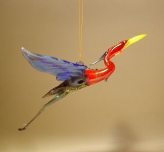 Blown Glass Figurine Bird Hanging Red And Blue Heron Crane Ornament