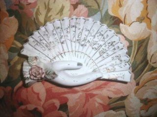 Vintage Ceramic Hand Dish W Fan,  Pink Rose,  Gold Trim,  Calling Cards,  Trinkets,  Soap
