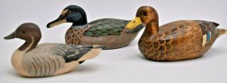 Group Of 3 Vtg Hand Carved Miniature Wood Duck Decoys Paint 1 Glass Eyes