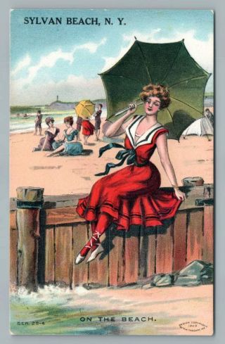 Umbrella Girl Sylvan Beach Ny Oneida County York Antique Embossed 1910s
