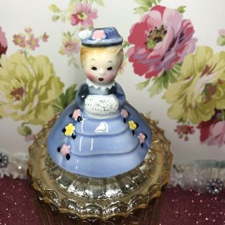Vtg Py Spring Girl W/ Hand Muff In Blue Coat & Hat Shaker Spring Figurine Japan