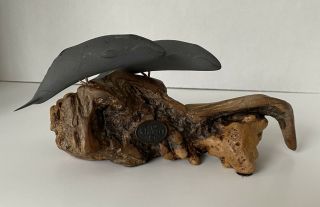 Vintage John Perry Gray Whale Duo Sculpture On Burl Wood