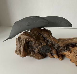 Vintage John Perry Gray Whale Duo Sculpture On Burl Wood 2