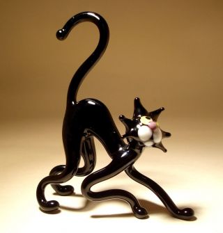 Blown Glass " Murano " Art Figurine Animal Black Cat With A Curved Back