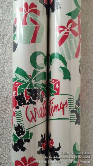 3 Rolls Christmas Wrapping Paper Vintage Look Scottie Dogs W Packages Scotty
