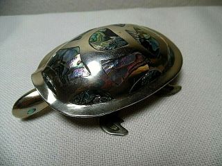 Mexican Silver Turtle Trinket Box W/inlaid Abalone Shell Inserts Made In Mexico