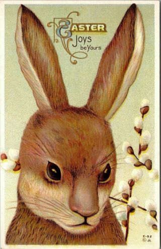 Easter Joys Be Yours Rabbit Head Pussy Willow Branch Postcard Unposted C1914