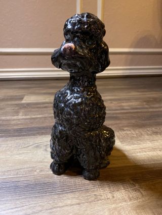 Vintage Black Poodle Dog Sitting Large Ceramic Figurine 11 Green Eyes