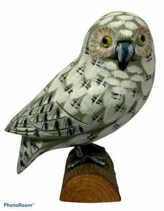 Vintage Hand Carved Painted Snowy Owl Bird Wooden Art 5 " Statue Figure Figurine