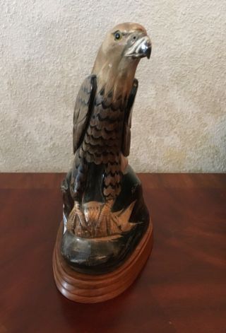 Signed Hand Carved Buffalo Horn Ornate Perched Eagle With Prey 11.  5 "