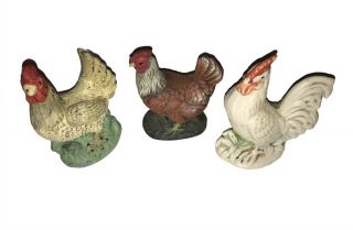 Vintage Set Of 3 Ceramic Rooster & Chicken Figurines
