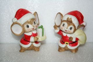 2 Vintage Homco Christmas Santa Mice Figurines Set 5405 Bisque Porcelain 3.  5 "