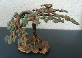 Vintage Gold Gilt Metal Green Gem Stone Bonsai Tree Bird Sculpture Figurine