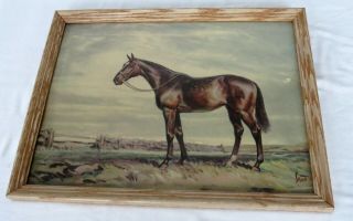 Mid - Century Pickled Oak Framed Sam Savitt Print Of Horse In Pasture Or Corral
