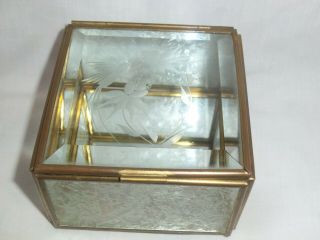 Vintage Etched Beveled Glass And Brass Jewelry Trinket Box