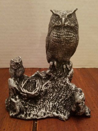 Rare Bruno Desantis 1979 Art Resin Silver Metallic Statue Mama/baby Owl Figurine
