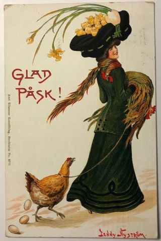 1910 Glamour Lady Chicks Hat Hen Easter Eggs A/s Jenny Nystrom Sweden