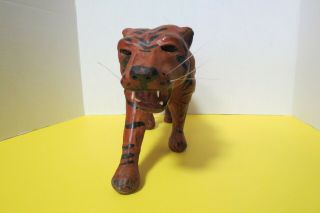 Vintage Leather Wrapped Paper Mache Tiger With Glass Eyes 13.  5 " L Black Stripes