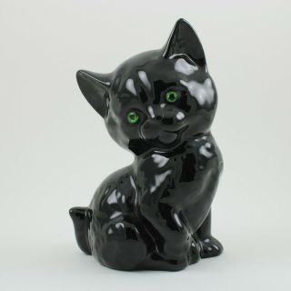 Vintage Mid Century Ceramic Black Cat Kitten With Green Glass Eyes Rare