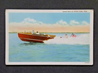 Speed Boat On Indian Lake,  Ohio Russells Point White Border Postcard 5000
