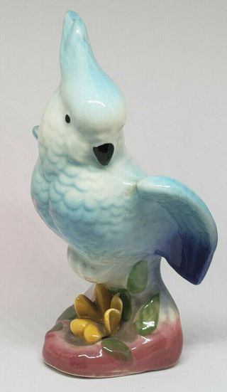 Vintage Ceramic Blue Cockatoo Statue Figurine W/yellow Flower 7 "