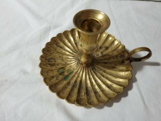 Vintage Solid Brass Chamberstick Candle Stick Holder W/ Finger Loop & Drip Tray