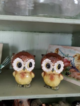 Vintage Ceramic Owl Salt Pepper Shaker Set Rare Big Eyes