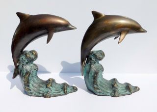Pair Sf Bay Trading Brass Jumping Dolphin On Bronze Wave Riding Bookends Eguc