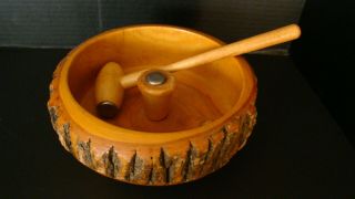 Vintage Wood Bark Footed Nut Bowl With Mallet
