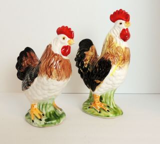 Vintage 2 Ceramic Roosters Chicken Figurine Statues Made In Japan Hand Painted