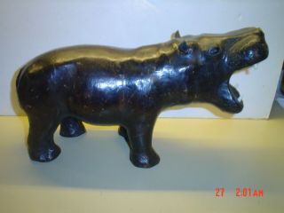 Mid Century Leather Wrapped Hippopotamus Animal Figure Statue Hippo Glass Eyes