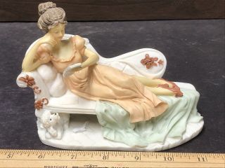 Vintage Hand Painted Figurine Lady Laying On Coach Reading A Book With Dog 6” L
