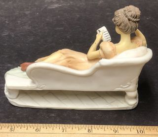 Vintage Hand Painted Figurine Lady Laying On Coach Reading A Book With Dog 6” L 3