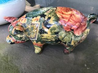 Rare Vintage Lacquered Multi Color Floral Pig Figure (11 X 6)