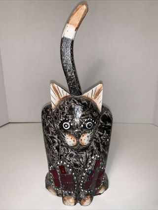 Vintage Folk Art Carved Wooden Cat Figurine W/ Decorative Red Glass Tiles 12.  75”
