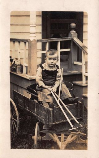 Real Photo Postcard Little Boy Sitting In A Wooden Wagon Gardening Tools 109949