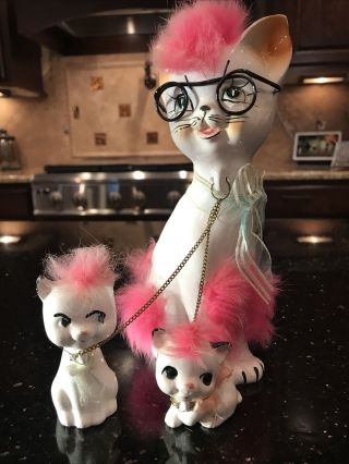 Vintage Japan Cat With Kittens With Fur Wearing Glasses Figurines