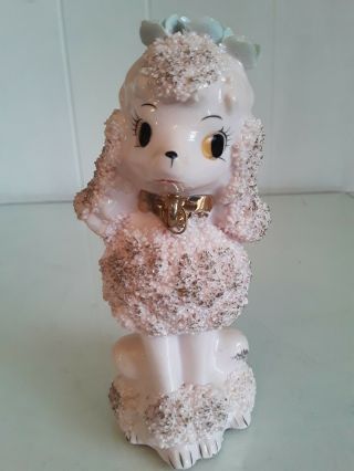 Vtg Ries Pink Spaghetti Poodle Ceramic Dog Figurine W Blue Flowers Japan Hand De