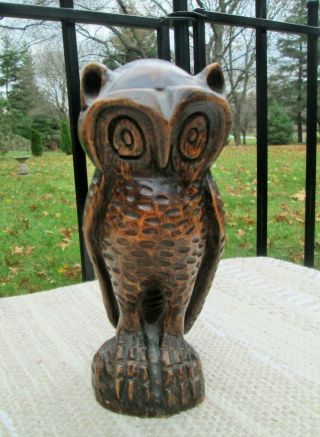 Vintage Folk Art Hand Carved Wood Owl Statue Big Eyed Long Talons 9 " Tall Bird
