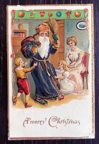 Blue Robe Santa Claus With Mother Children Antique Christmas Postcard - C541