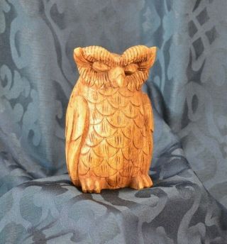 Wooden Great Horned Owl Figurine - Hand Carved Wood - Vintage Folk Art