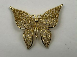 Vintage Crown Trifari Signed Butterfly Pin Brooch Filigree Gold Tone E9