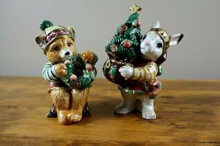 Fitz And Floyd Classics Bear And Rabbit Christmas Salt And Pepper Shakers - Euc