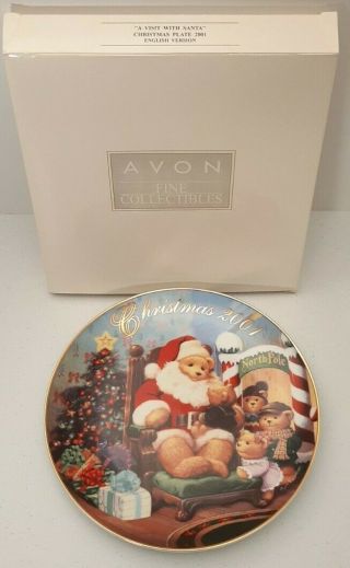 Avon Christmas Plate Visit From Santa 22k Gold Trim 2001 T.  Newsom Porcelain 8 "