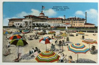 Nj Postcard Spring Lake The Monmouth Hotel Color Beach Umbrellas Vintage Linen
