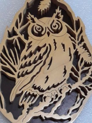 Carved Wood Owl Picture Wall Hanging.  By Philip Carter.  Brown & Beige