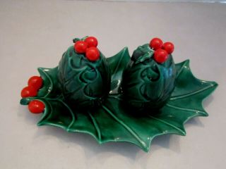 Vintage Holland Mold Holly Leaf & Berry Tray & Salt Pepper Shakers.  Christmas