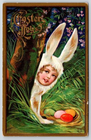 Easter Fantasy Face Lil Girl In White Rabbit Suit Colored Eggs Nest Tree Nash