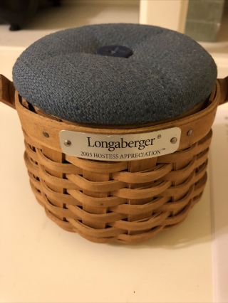 Longaberger 2003 Hostess Appreciation Basket,  Protector & Indigo Pin Cushion Lid
