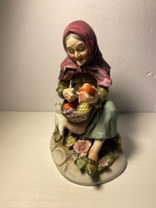 Vintage Lefton China Hand Painted Old Woman Peeling Apples 2435 Figurine Ceramic